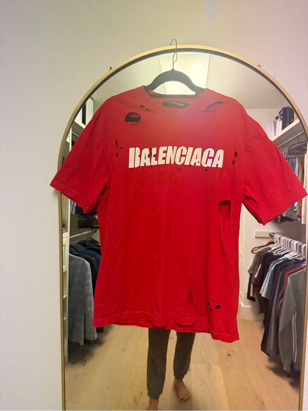 Balenciaga Red Distressed Logo Tee